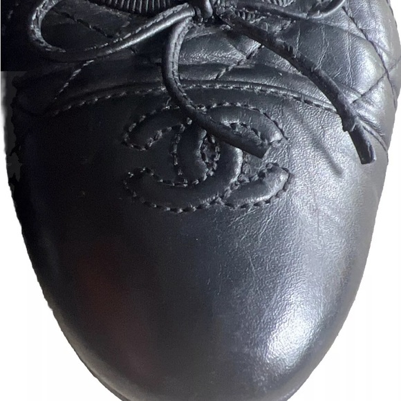 Chanel ballet flats 9.5 VGUC Quilted Leather Bow Tie Double CC Logo Black - Picture 11 of 13